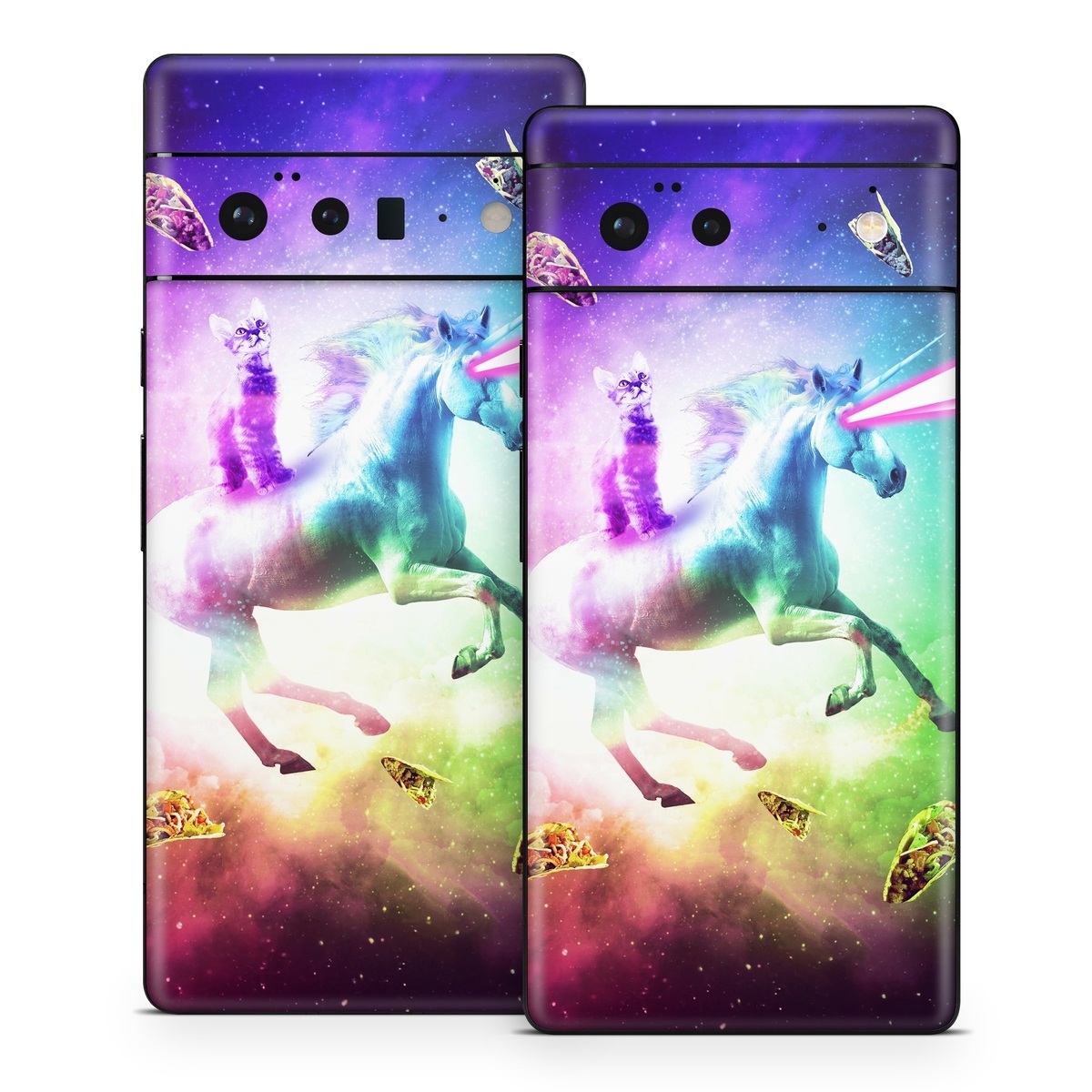 Google Pixel 6 Series Skin design of Fictional character, Illustration, Unicorn, Graphic design, Sky, Space, Mythical creature, Cg artwork, Art, Mythology, with black, white, blue, green, purple, pink, red colors