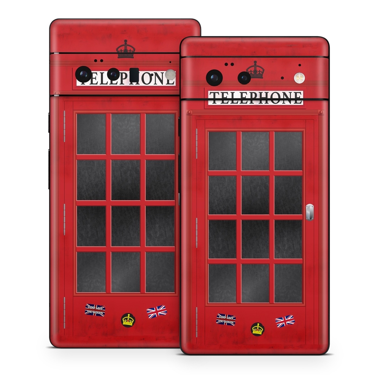 Google Pixel 6 Series Skin design of Red, Font, Building, Telephone Booth, Facade, with red, black, gray, white, blue, yellow colors