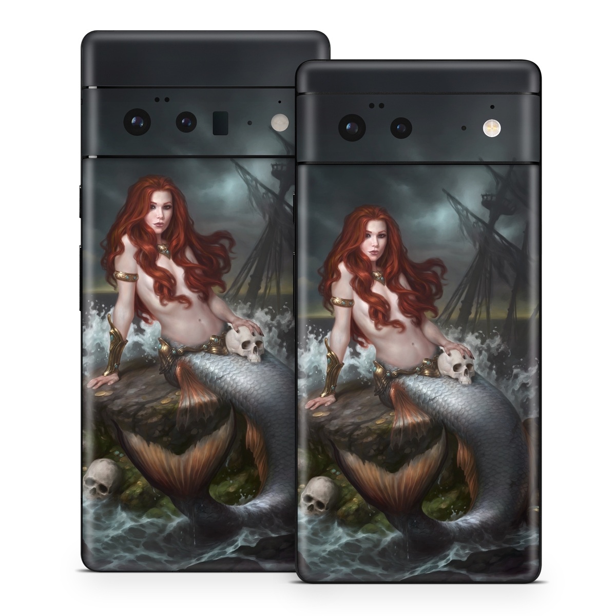 Google Pixel 6 Series Skin design of Mermaid, Cg artwork, Illustration, Fictional character, Mythology, Mythical creature, Art, Long hair, Woman warrior, Sitting, with black, brown, red, yellow, white, gray colors