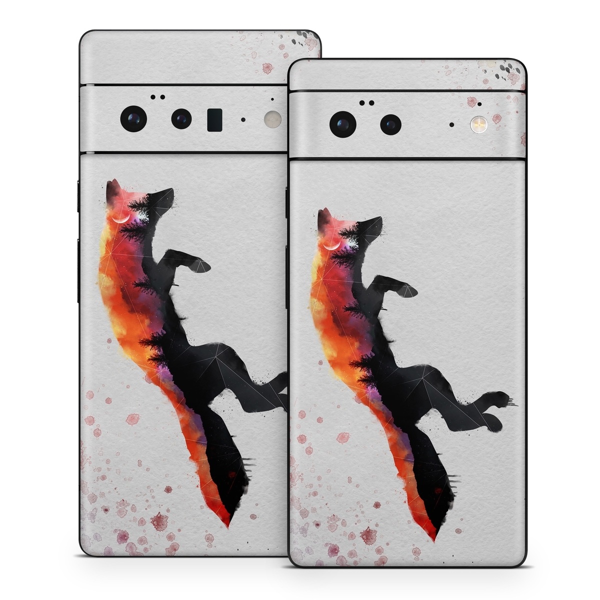 Google Pixel 6 Series Skin design of Illustration, Watercolor paint, Art, Graphic design, Painting, Red fox, Visual arts, Paint, Drawing, Tail, with gray, black, red, yellow, orange, white colors