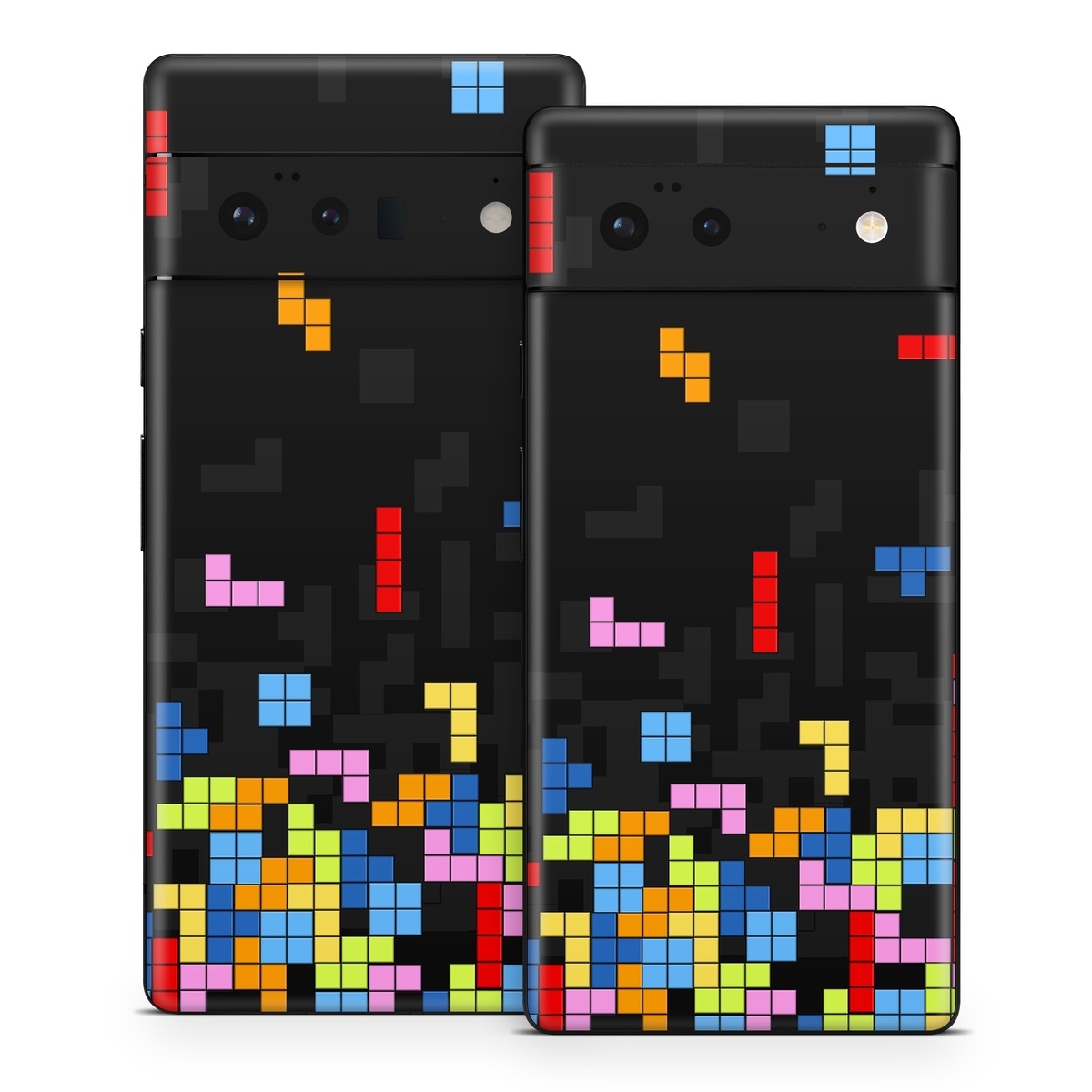 Google Pixel 6 Series Skin design of Pattern, Symmetry, Font, Design, Graphic design, Line, Colorfulness, Magenta, Square, Graphics, with black, green, blue, orange, red colors