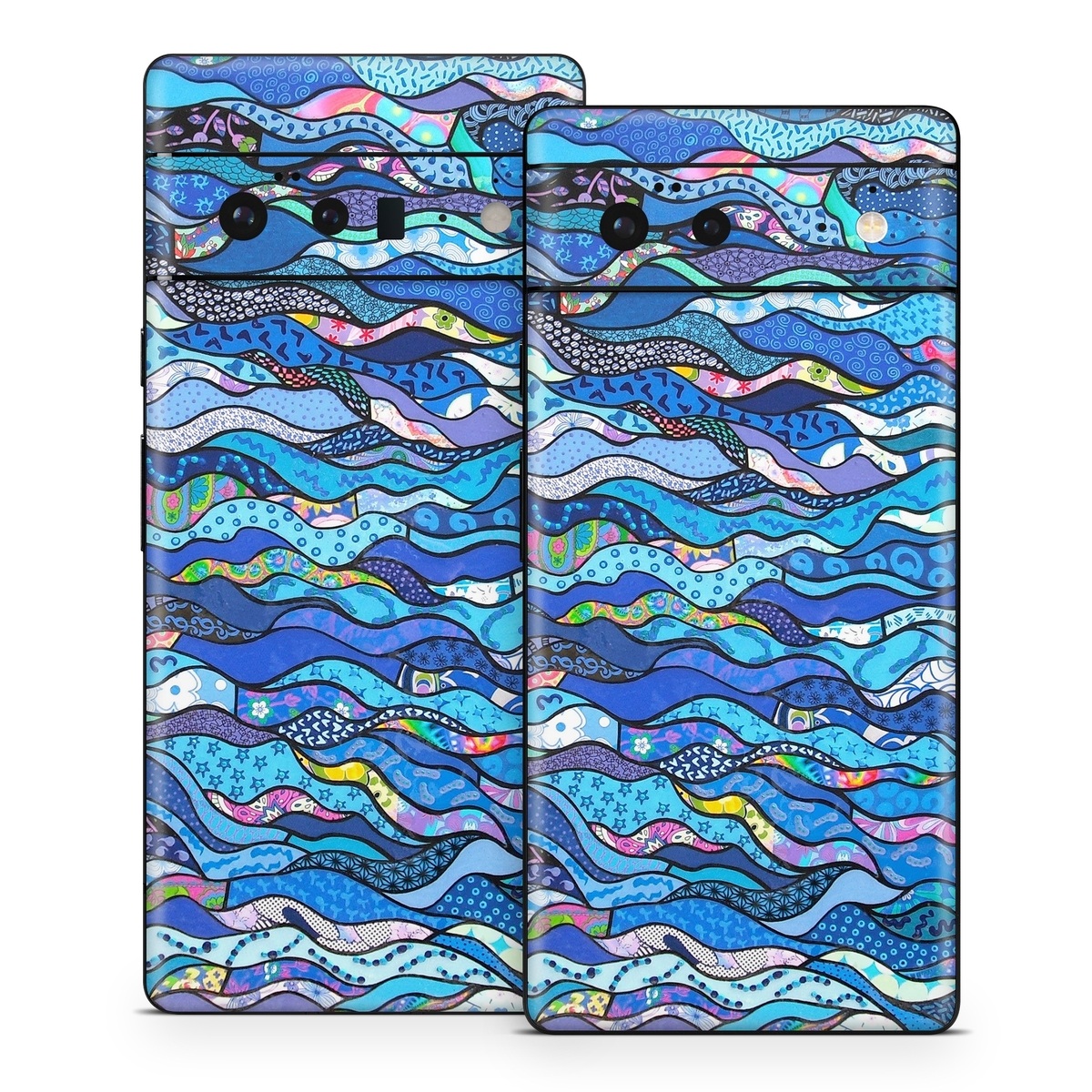 Google Pixel 6 Series Skin design of Blue, Pattern, Aqua, Water, Line, Design, Textile, Psychedelic art, Electric blue, with blue, black, gray, purple colors