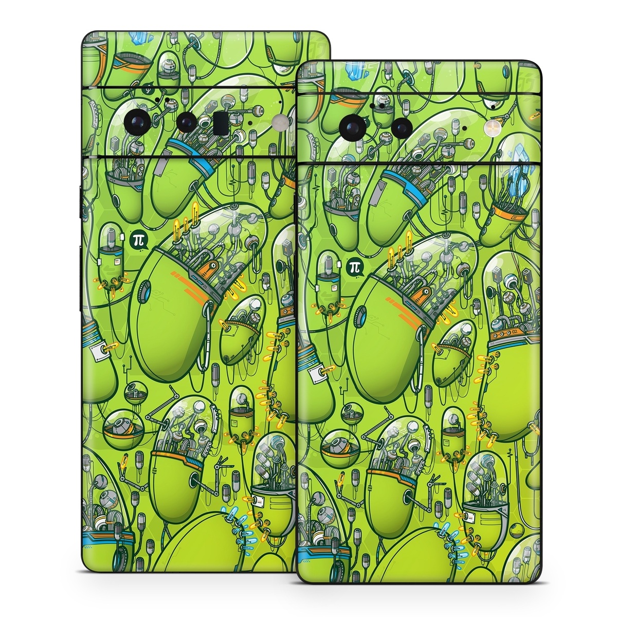 Google Pixel 6 Series Skin design of Green, Pattern, Yellow, Design, Illustration, Plant, Art, Graphic design, Urban design, with green, blue, gray, yellow, orange colors
