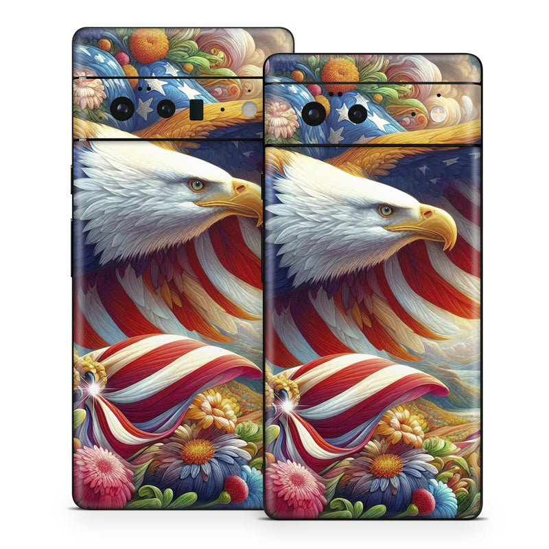 Google Pixel 6 Series Skin design of Bird, Accipitridae, Beak, Wing, Bald eagle, Bird of prey, Eagle, Flag of the United States, Accipitriformes, Painting, with red, blue, white, yellow, orange, brown, green, gray colors