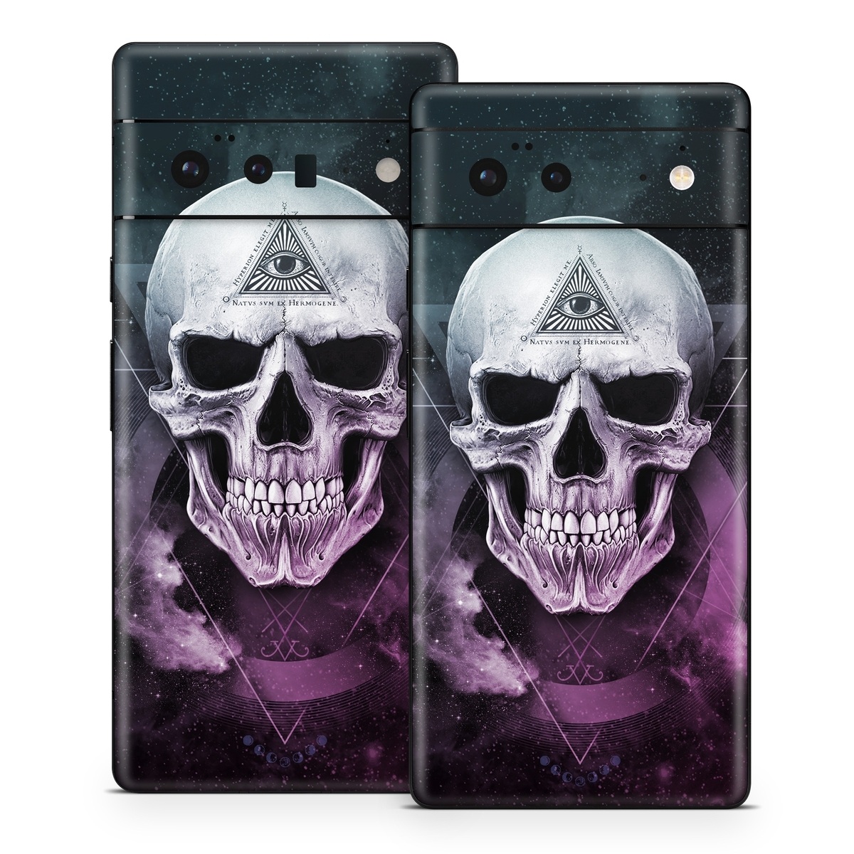 Google Pixel 6 Series Skin design of Skull, Bone, Illustration, Font, Jaw, Fictional character, Graphic design, Graphics, Art, with black, white, gray, purple colors