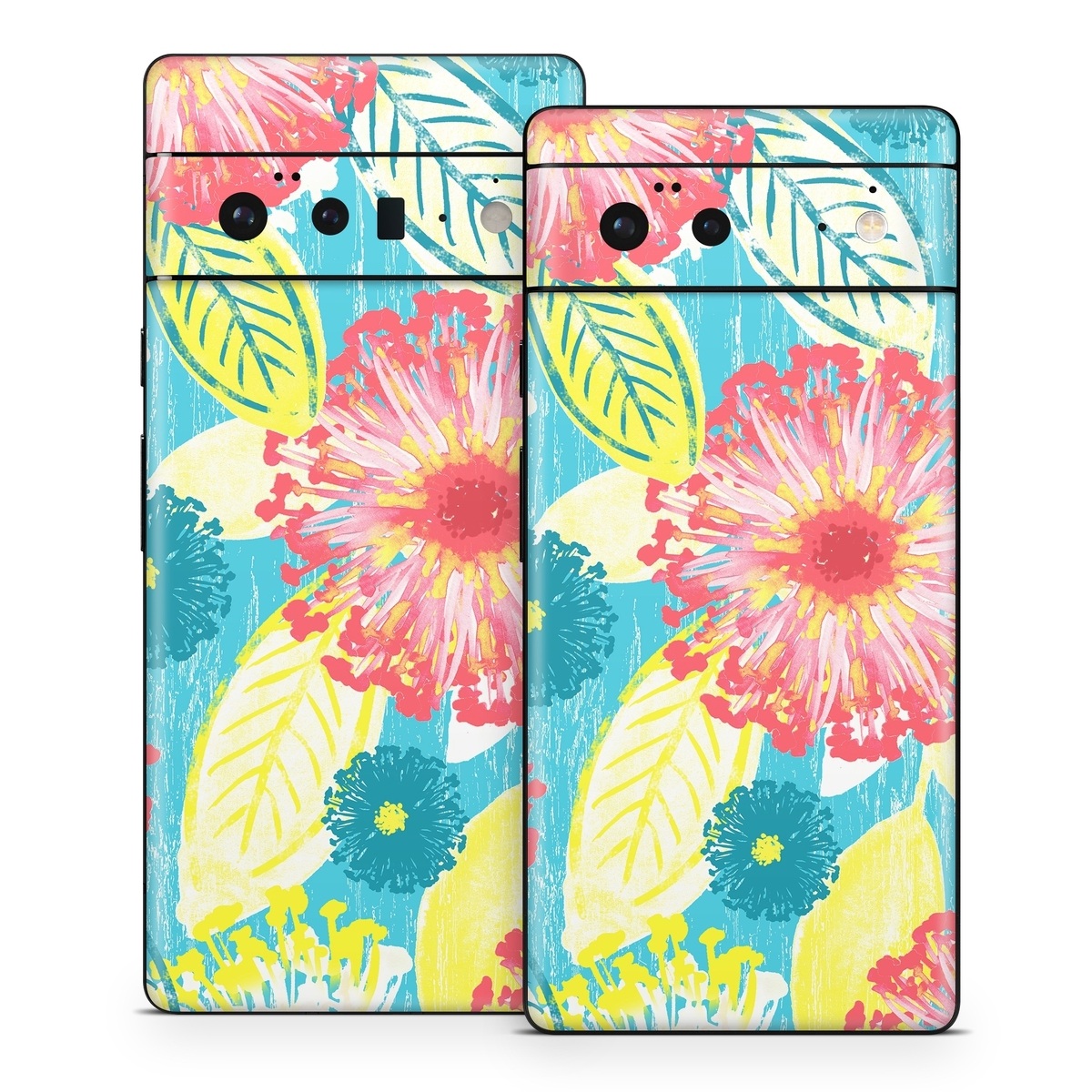 Google Pixel 6 Series Skin design of Pattern, Design, Flower, Floral design, Plant, Textile, Wrapping paper, Wildflower, Visual arts, with pink, gray, blue, yellow colors