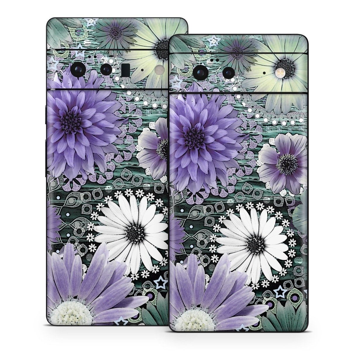 Google Pixel 6 Series Skin design of Purple, Flower, african daisy, Pericallis, Plant, Violet, Lavender, Botany, Petal, Pattern, with gray, black, blue, purple, white colors