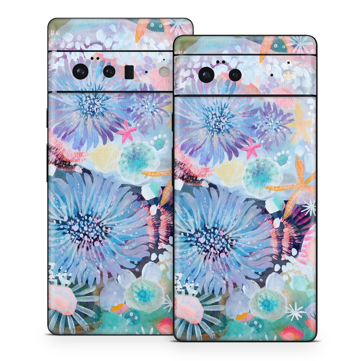 Google Pixel 6 Series Skin design of Pattern, Aqua, Textile, Design, Watercolor paint, Visual arts, Flower, Art, Plant, Illustration, with blue, orange, pink, purple, green, white colors