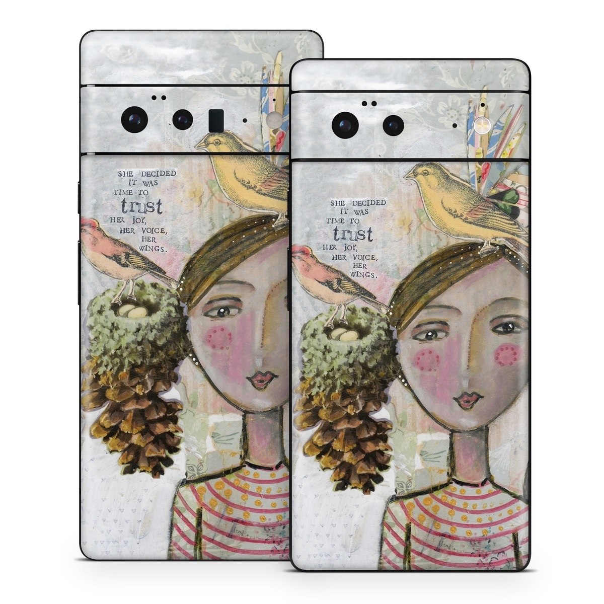 Google Pixel 6 Series Skin design of Watercolor paint, Illustration, Art, Painting, Child art, Fictional character, Visual arts, Fashion illustration, Feather, Drawing, with gray, brown, pink, yellow, red, green, blue colors