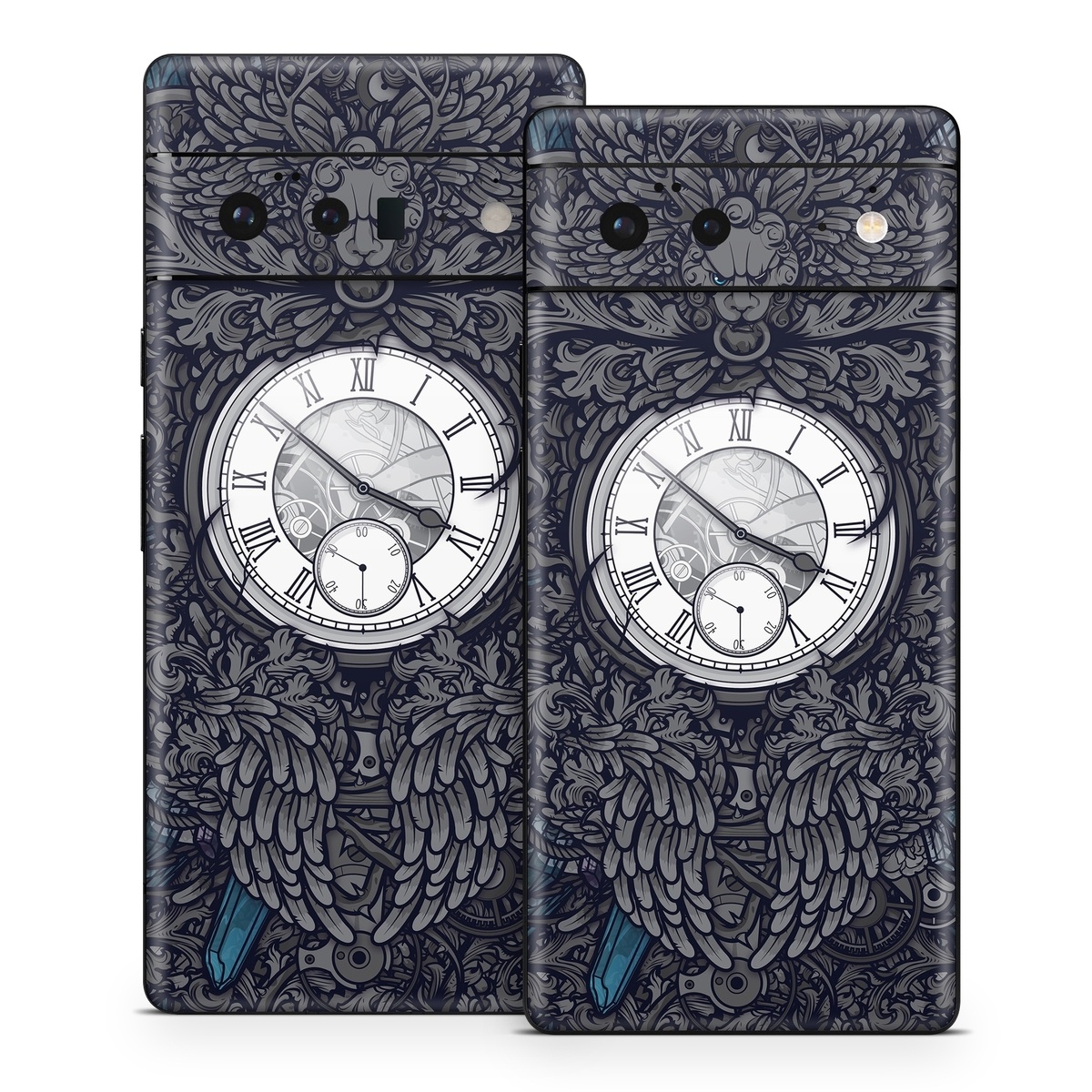 Google Pixel 6 Series Skin design of Blue, Pattern, Psychedelic art, Design, Circle, Art, Font, Graphic design, Visual arts, Illustration, with black, gray colors