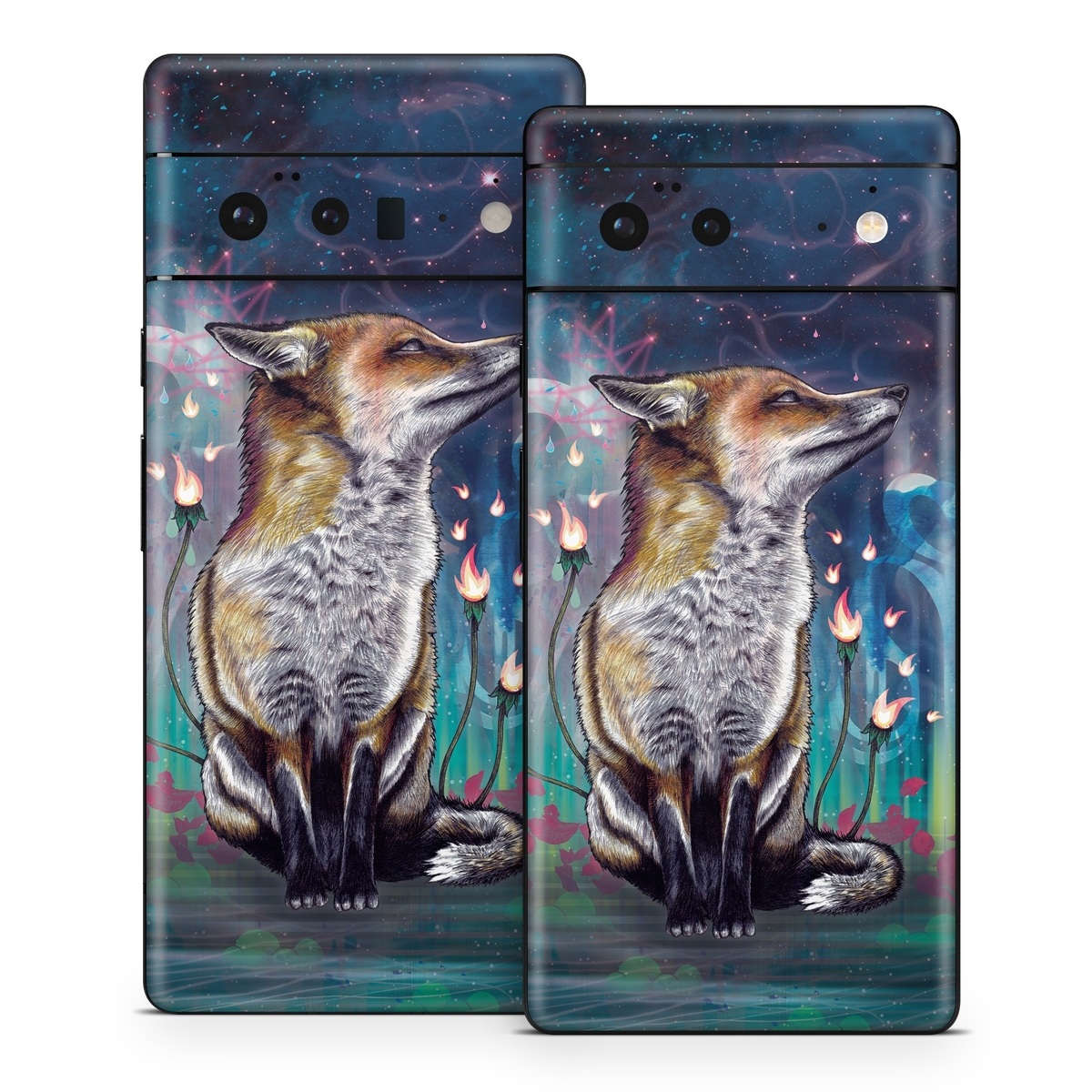 Google Pixel 6 Series Skin design of Red fox, Art, Wildlife, Canidae, Illustration, Fox, Carnivore, Painting, Dhole, Red wolf, with black, gray, blue, red, green colors