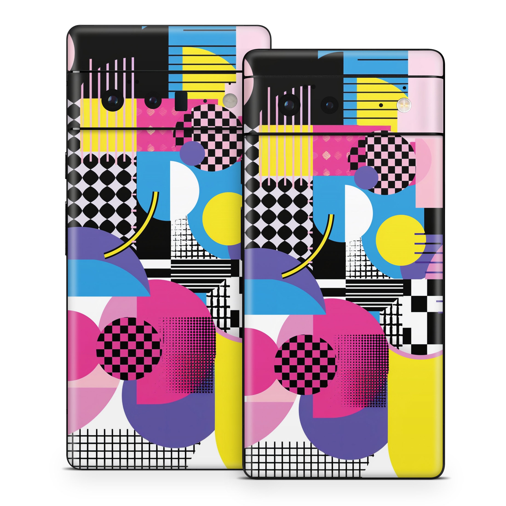 Google Pixel 6 Series Skin design of Rectangle, Textile, Art, Font, Line, Material property, Magenta, Pattern, Circle, Tints and shades, with pink, yellow, white, black, purple, blue colors