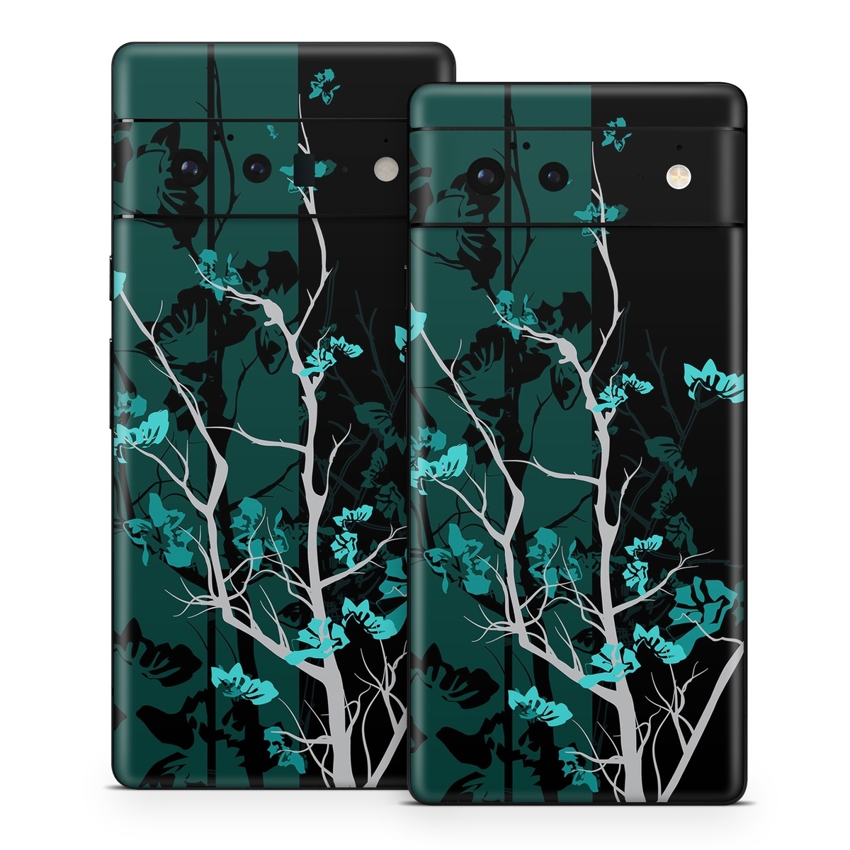 Google Pixel 6 Series Skin design of Branch, Black, Blue, Green, Turquoise, Teal, Tree, Plant, Graphic design, Twig, with black, blue, gray colors