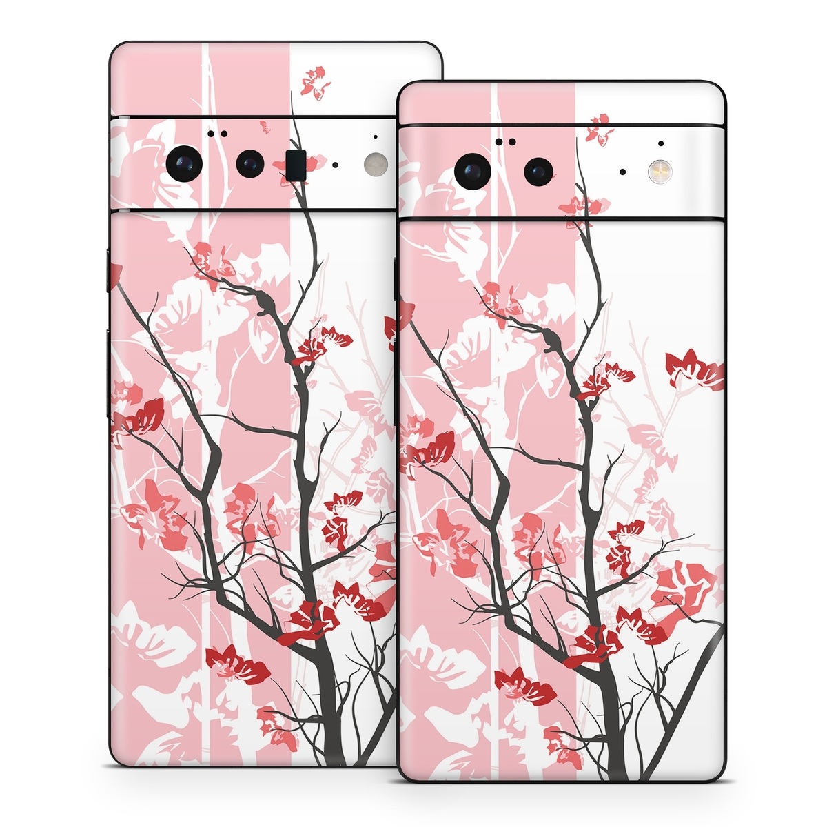 Google Pixel 6 Series Skin design of Branch, Red, Flower, Plant, Tree, Twig, Blossom, Botany, Pink, Spring, with white, pink, gray, red, black colors