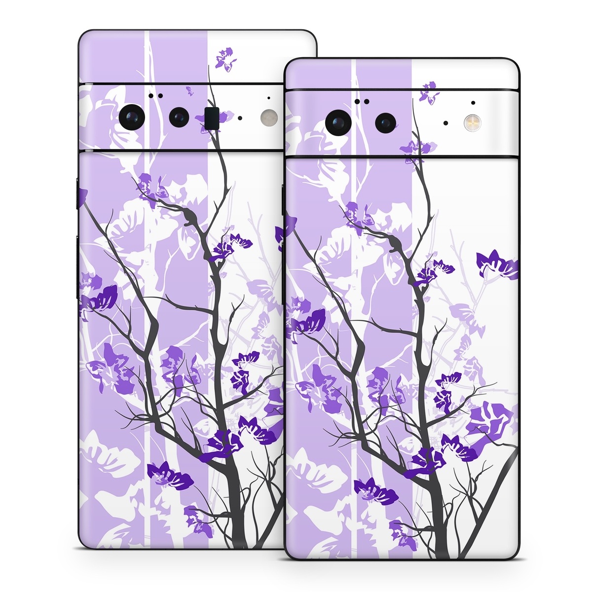 Google Pixel 6 Series Skin design of Branch, Purple, Violet, Lilac, Lavender, Plant, Twig, Flower, Tree, Wildflower, with white, purple, gray, pink, black colors