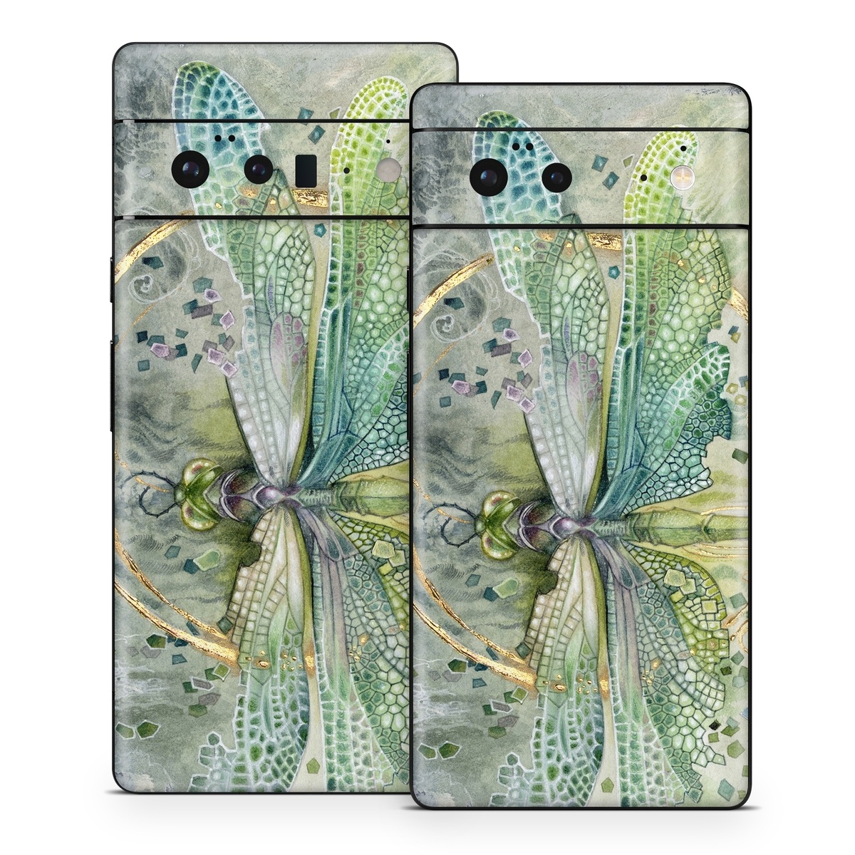 Google Pixel 6 Series Skin design of Green, Painting, Watercolor paint, Water, Acrylic paint, Leaf, Visual arts, Plant, Art, Photography, with green, yellow, blue, gray colors