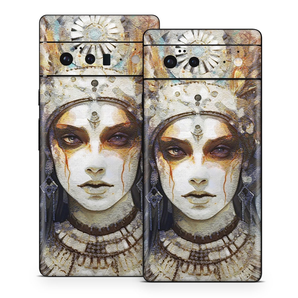 Google Pixel 6 Series Skin design of Eye, Paint, Eyelash, Painting, Art, Headpiece, Beauty, Feather, Illustration, Mask, with white, black, yellow, brown, gray, blue colors