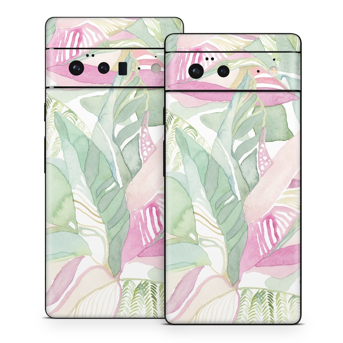 Google Pixel 6 Series Skin design of Pink, Leaf, Botany, Pattern, Plant, Flower, Illustration, with white, green, pink, orange colors