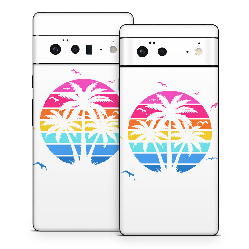 Google Pixel 6 Series Skin design of Palm trees, Graphics, Clip art, Graphic design, with white, pink, orange, yellow, blue colors