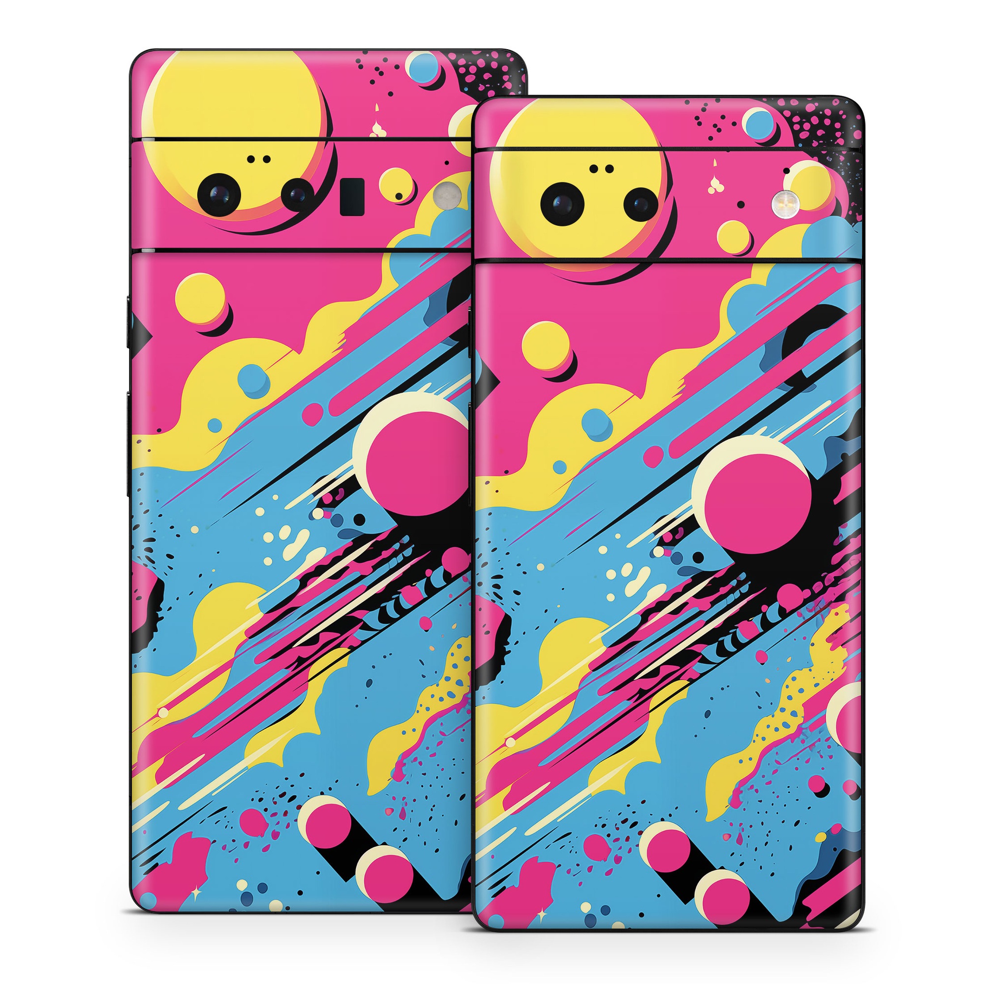 Google Pixel 6 Series Skin design of Colorfulness, Paint, Art, Font, Line, Material property, Magenta, Pattern, Illustration, Circle, with pink, yellow, blue, black, white colors