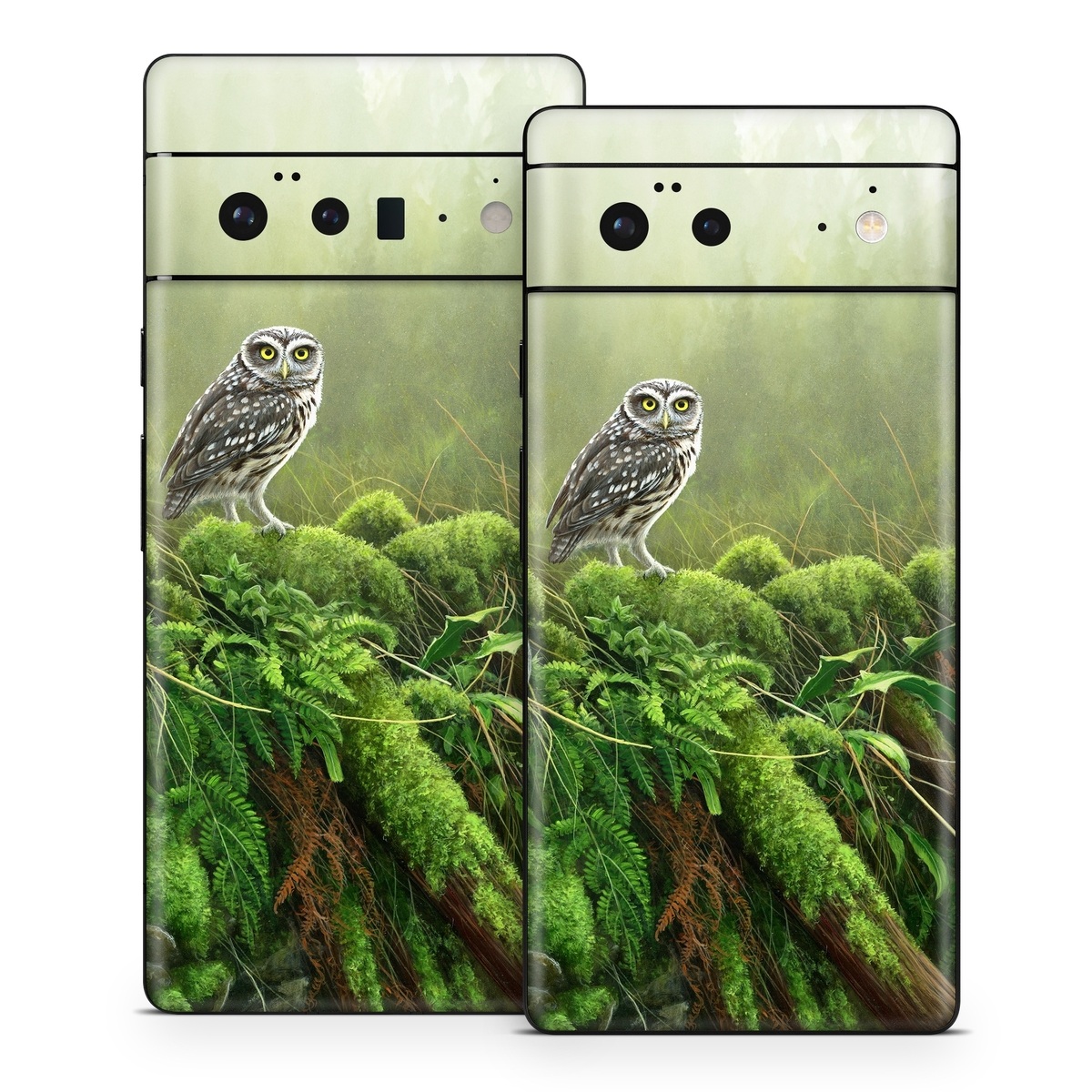 Google Pixel 6 Series Skin design of Nature, Owl, Bird, Bird of prey, great grey owl, Adaptation, Terrestrial plant, Wildlife, Plant, Organism, with brown, gray, green, white colors