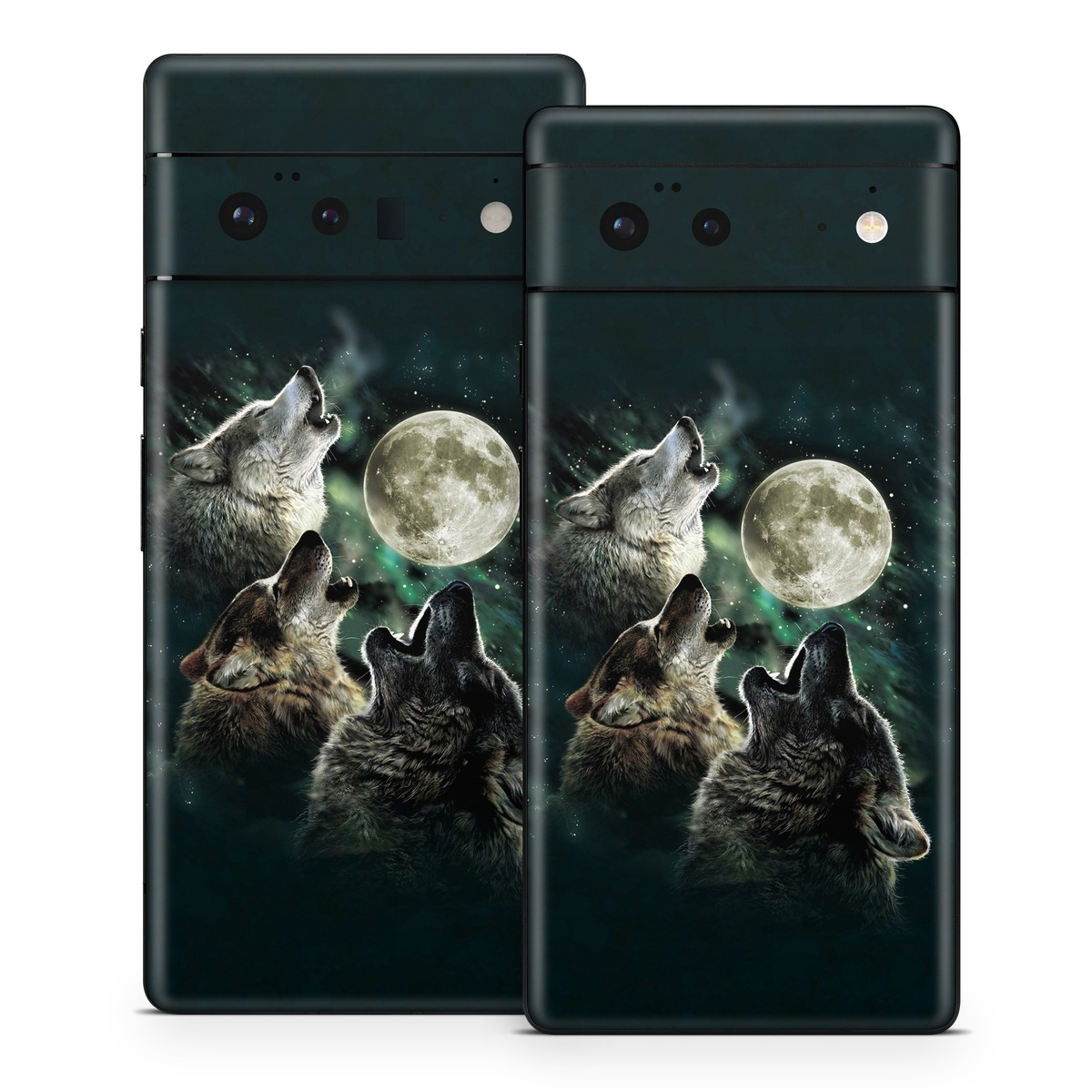 Google Pixel 6 Series Skin design of Wolf, Light, Astronomical object, Moon, Wildlife, Organism, Moonlight, Sky, Atmosphere, Celestial event, with black, gray, green colors