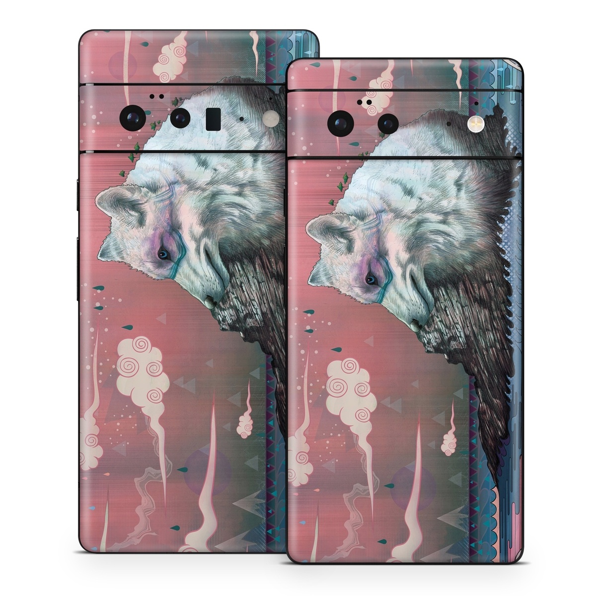 Google Pixel 6 Series Skin design of Illustration, Drawing, Sketch, Art, Graphic design, Lion, Goats, Fictional character, Ink, Bison, with gray, purple, black, red colors