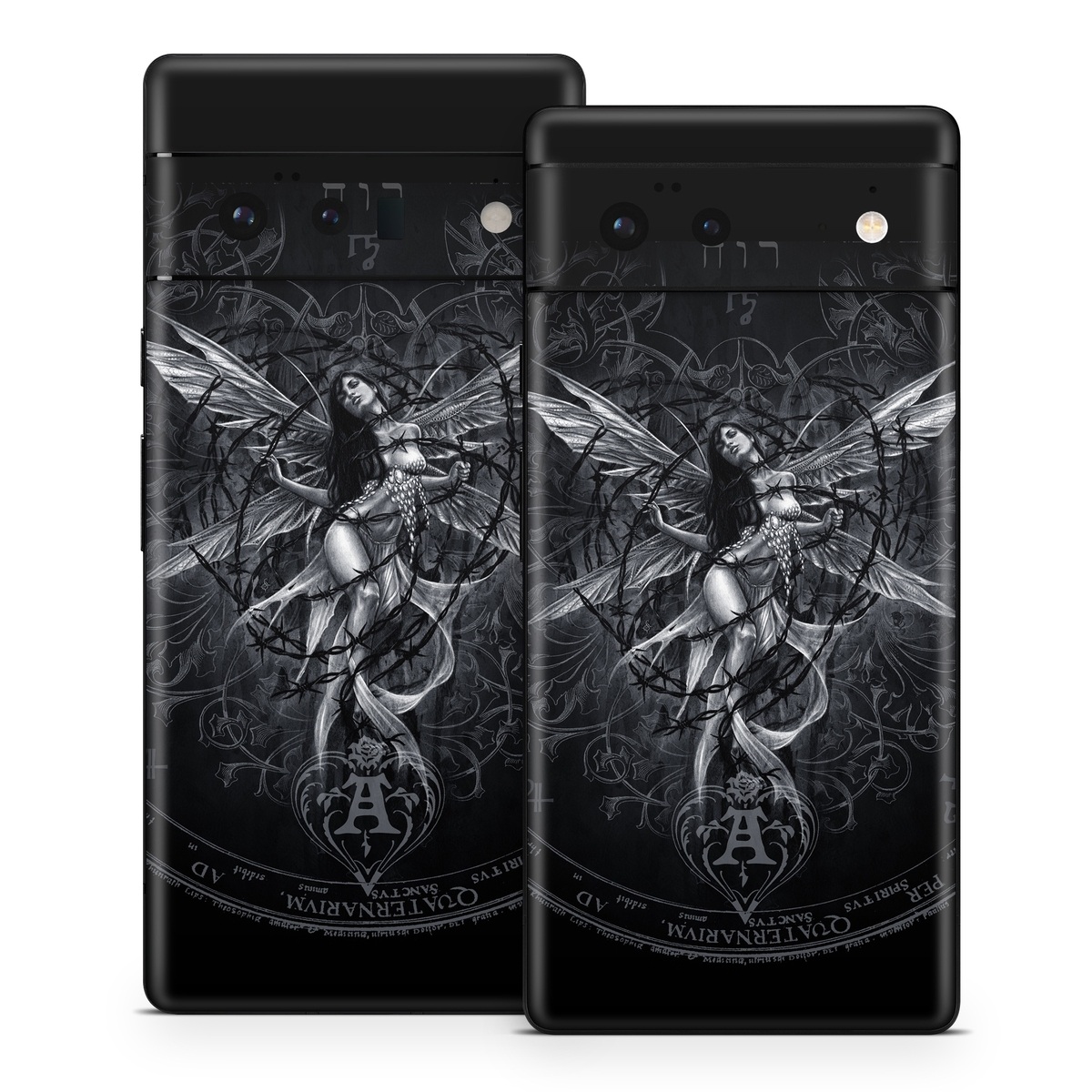 Google Pixel 6 Series Skin design of Illustration, Graphic design, Darkness, Fictional character, Black-and-white, Pattern, Graphics, Mythical creature, Circle, Wing, with black, white colors