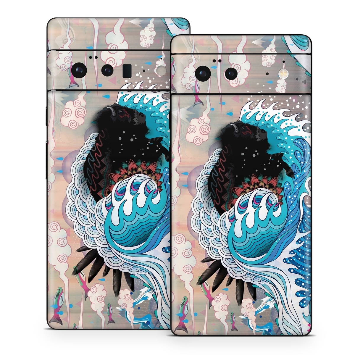 Google Pixel 6 Series Skin design of Blue, Turquoise, Illustration, Aqua, Graphic design, Pattern, Art, Design, Graphics, Visual arts, with gray, blue, black, pink, white colors