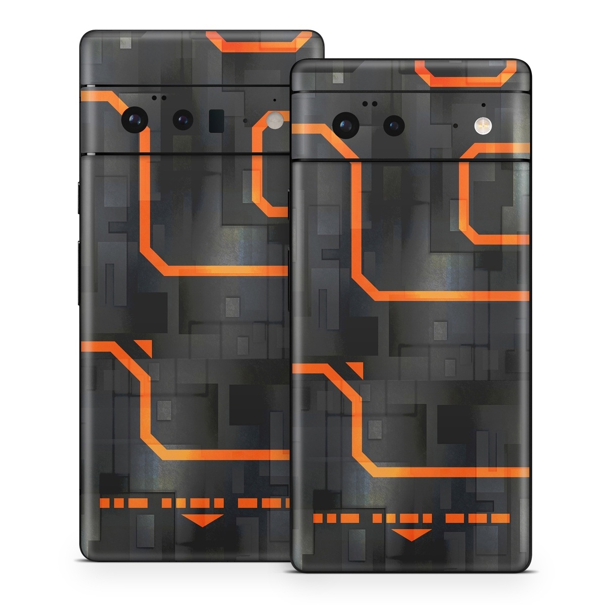 Google Pixel 6 Series Skin design of Orange, Font, Parallel, Pattern, Graphics, Rectangle, Logo, Brand, Graphic design, Event, with black, orange colors