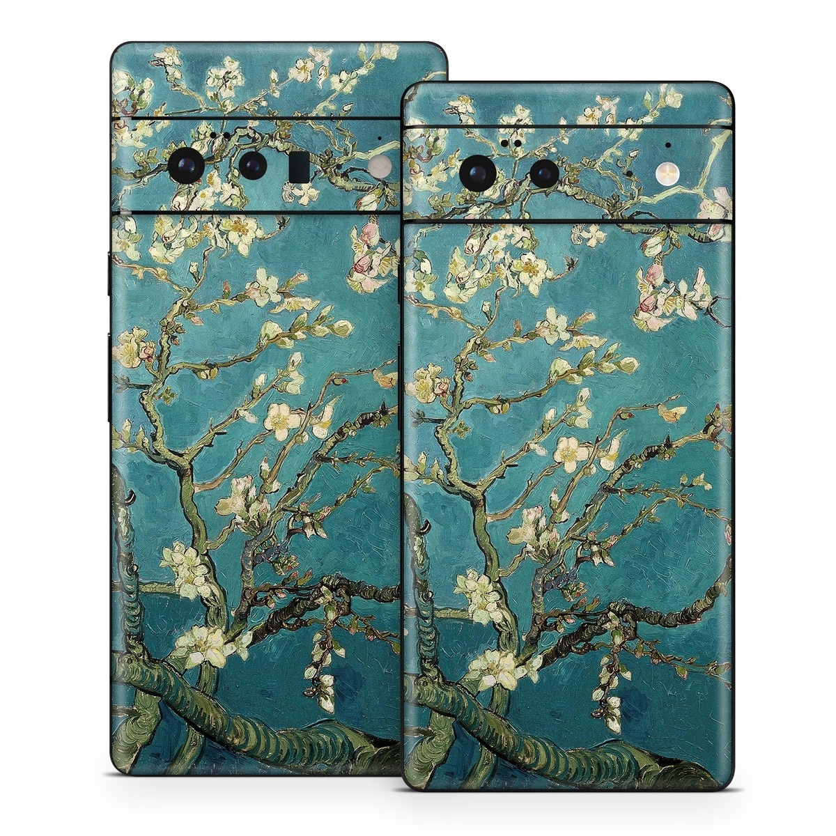 Google Pixel 6 Series Skin design of Tree, Branch, Plant, Flower, Blossom, Spring, Woody plant, Perennial plant, with blue, black, gray, green colors