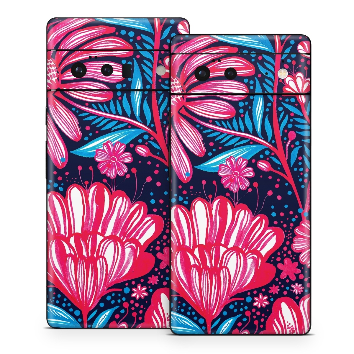 Google Pixel 6 Series Skin design of Pattern, Red, Pink, Floral design, Textile, Design, Flower, Plant, Petal, with black, white, red, blue, pink colors