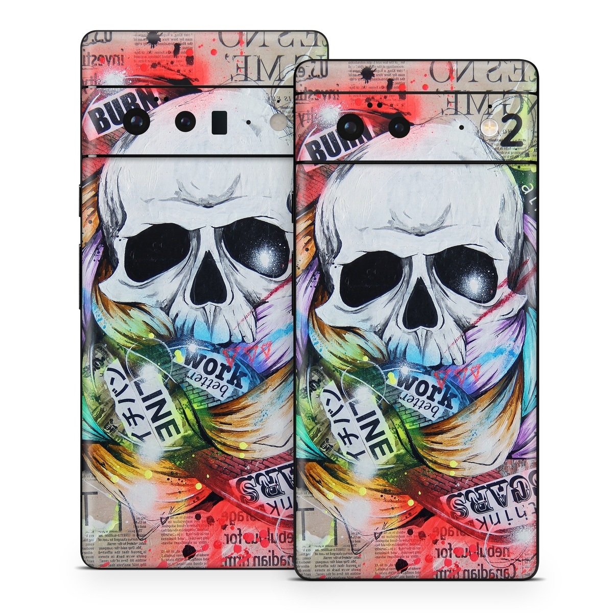 Google Pixel 6 Series Skin design of Street art, Text, Graphic design, Font, Illustration, Art, Graffiti, Skull, Poster, Advertising, with gray, black, red, green, blue colors