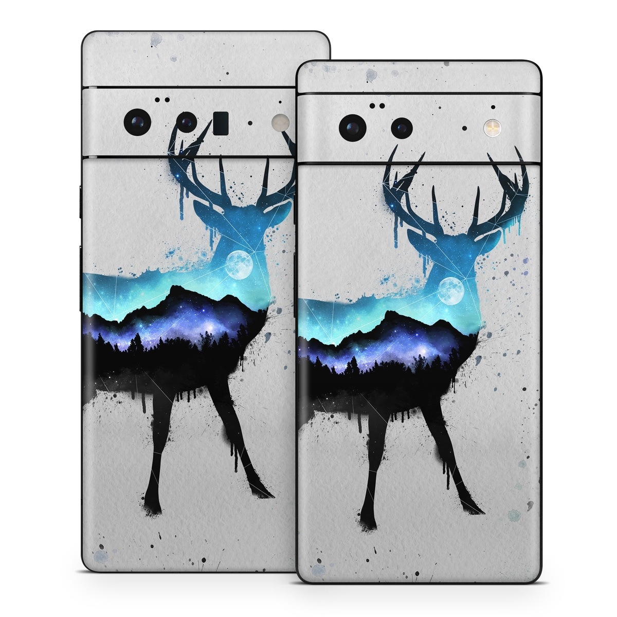 Google Pixel 6 Series Skin design of Reindeer, Deer, Illustration, Watercolor paint, Art, Elk, Wildlife, Drawing, Paint, Graphics, with gray, black, blue, purple, white colors