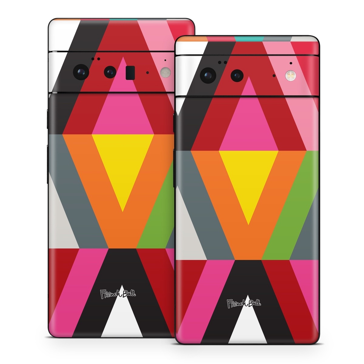 Google Pixel 6 Series Skin design of Pattern, Orange, Yellow, Graphic design, Colorfulness, Line, Design, Symmetry, Triangle, Font, with black, white, red, orange, pink, blue, green, gray colors