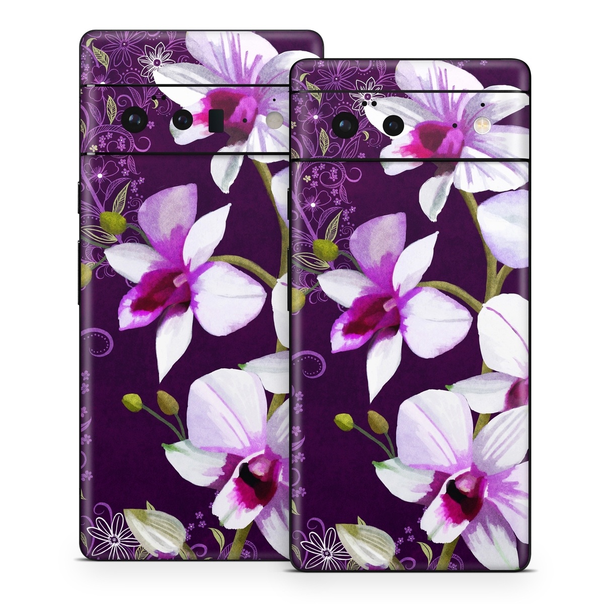 Google Pixel 6 Series Skin design of Flower, Purple, Petal, Violet, Lilac, Plant, Flowering plant, cooktown orchid, Botany, Wildflower, with black, gray, white, purple, pink colors