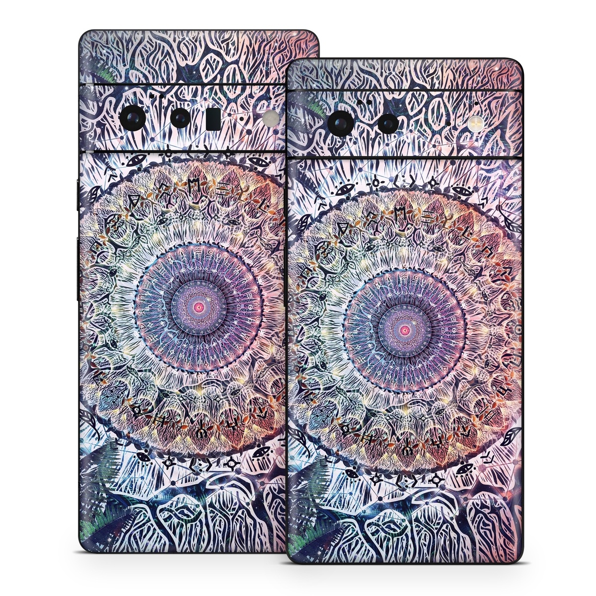 Google Pixel 6 Series Skin design of Tapestry, Pattern, Art, Close-up, Circle, Fractal art, Textile, Eye, Design, Kaleidoscope, with blue, red, yellow, purple, green colors