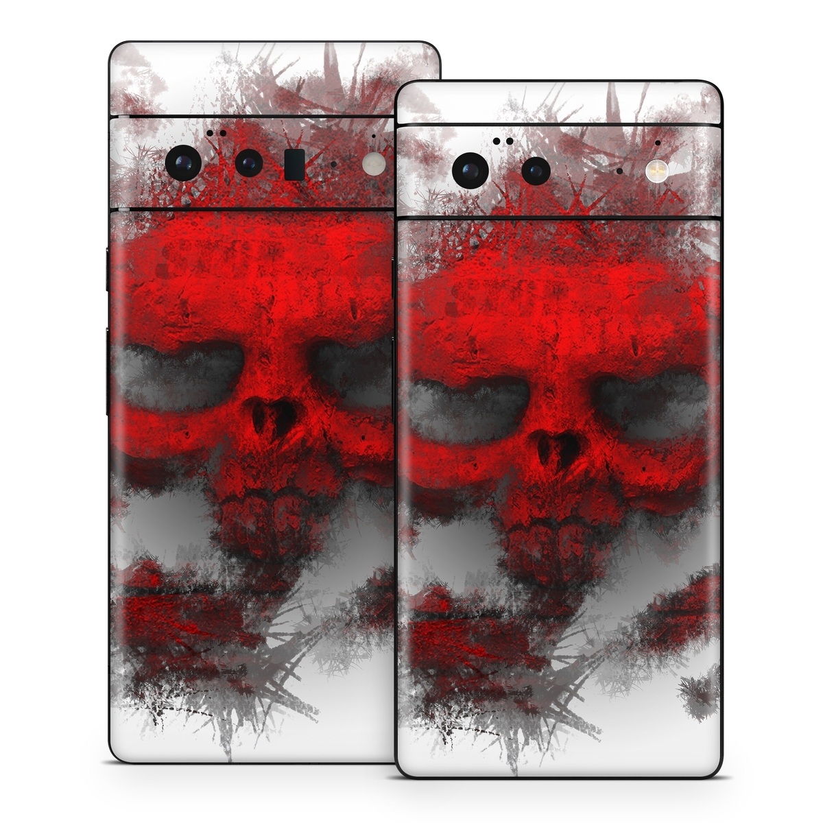 Google Pixel 6 Series Skin design of Red, Graphic design, Skull, Illustration, Bone, Graphics, Art, Fictional character, with red, gray, black, white colors
