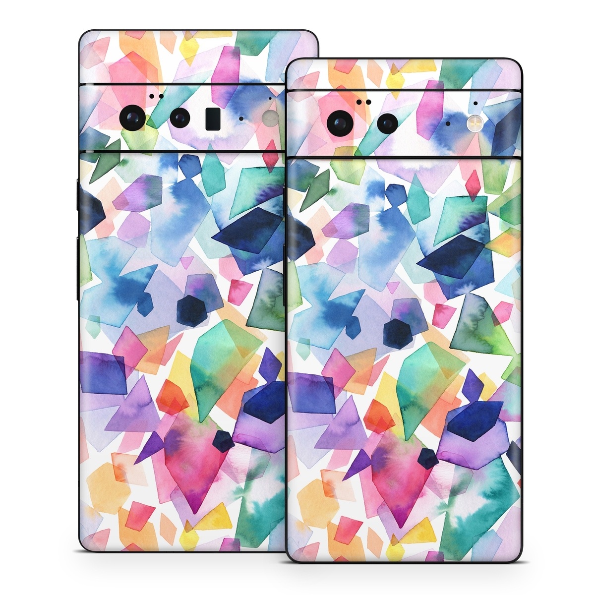 Google Pixel 6 Series Skin design of Colorfulness, Azure, Triangle, Art, Font, Line, Aqua, Material property, Creative arts, Symmetry, with white, blue, green, red, pink, orange, yellow, purple colors