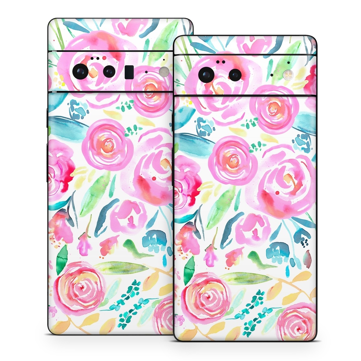 Google Pixel 6 Series Skin design of Flower, Plant, Petal, Pink, Art, Material property, Magenta, Flowering plant, Pattern, Rose family, with white, pink, green, blue, yellow colors