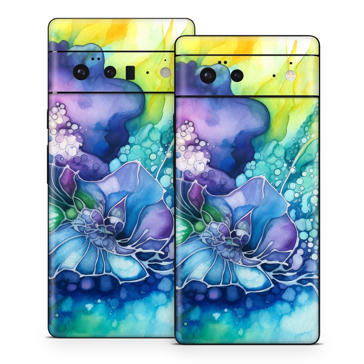 Google Pixel 6 Series Skin design of Flower, Plant, Art paint, Petal, Blue, Azure, Purple, Art, Paint, Painting, with blue, yellow, green, purple, white, orange colors