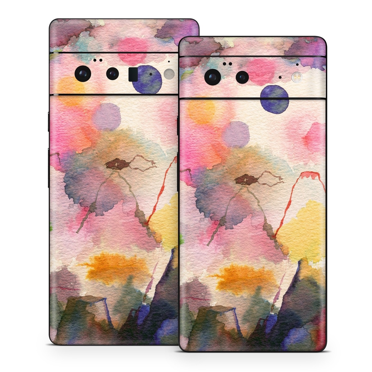 Google Pixel 6 Series Skin design of Watercolor paint, Flower, Textile, Painting, Art, Plant, Pattern, Visual arts, Floral design, Paint, with white, pink, red, yellow, green, blue, black, orange colors