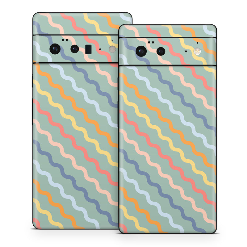 Google Pixel 6 Series Skin design of Azure, Blue, Orange, Textile, Wood, Art, Font, Line, Aqua, Symmetry, with blue, orange, yellow, pink colors