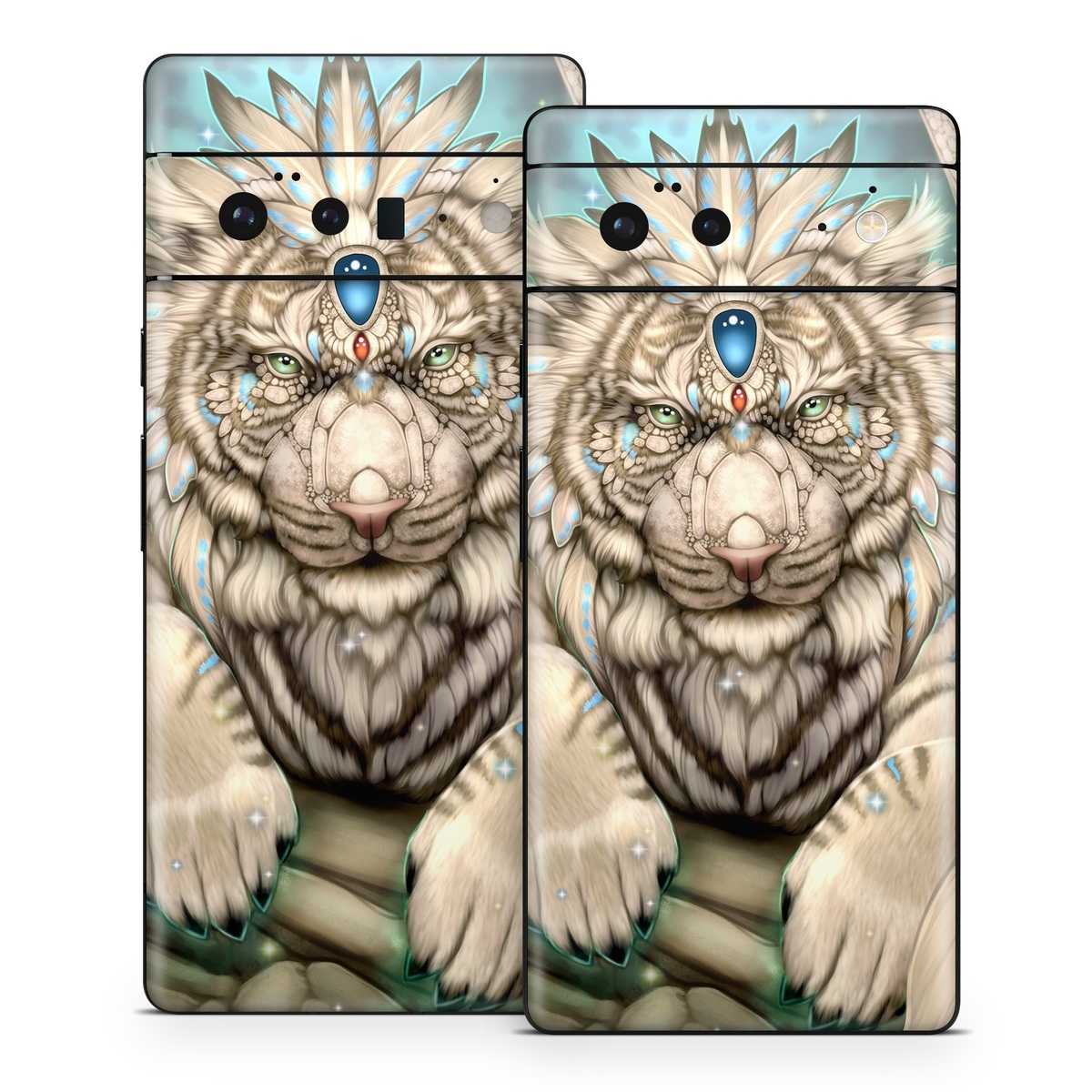 Google Pixel 6 Series Skin design of Mythical creature, Sleeve, Textile, Gesture, Felidae, Tattoo, Big cats, Font, Temporary tattoo, Painting, with white, blue, black, gray colors
