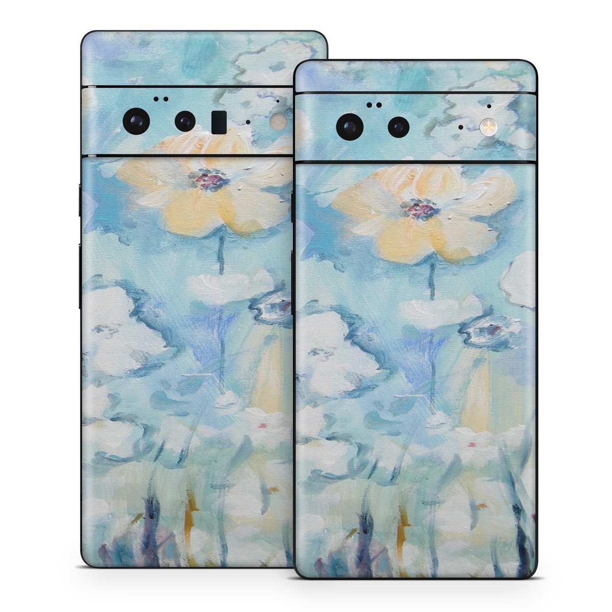 Google Pixel 6 Series Skin design of Blue, Watercolor paint, Painting, Flower, Plant, Art, Acrylic paint, Wildflower, Visual arts, Floral design, with gray, blue colors