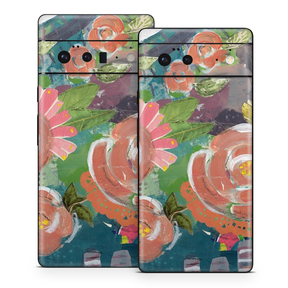 Google Pixel 6 Series Skin design of Painting, Watercolor paint, Still life, Child art, Art, Illustration, Acrylic paint, Flower, Visual arts, Textile, with green, pink, red, yellow, blue, white, black, gray colors