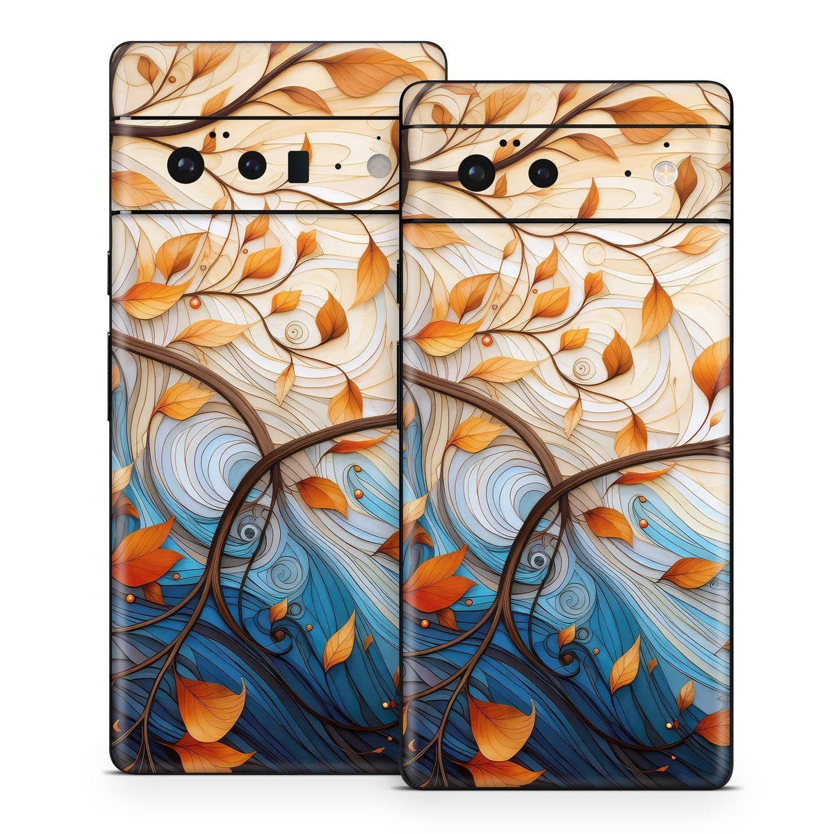 Google Pixel 6 Series Skin design of Dishware, Orange, Textile, Sleeve, Serveware, Petal, Pattern, Porcelain, Electric blue, Art, with yellow, orange, red, white, blue, brown colors