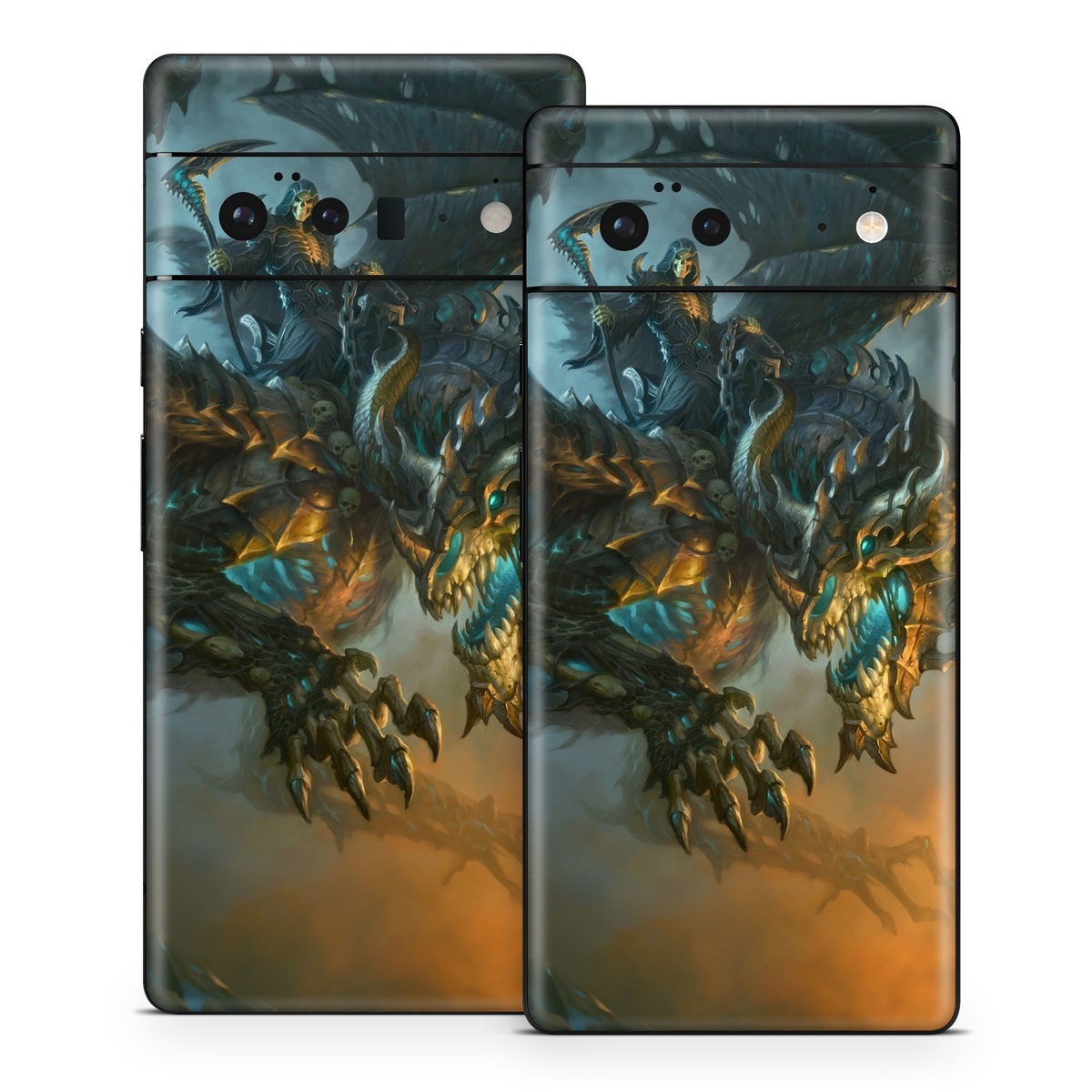 Google Pixel 6 Series Skin design of Dragon, Cg artwork, Fictional character, Mythical creature, Demon, Mythology, Illustration, Cryptid, Art, with orange, yellow, black, brown, blue, white colors