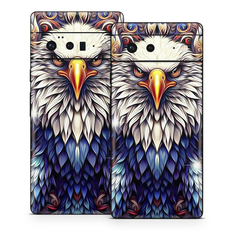 Google Pixel 6 Series Skin design of Accipitridae, Bird of prey, Eagle, Wing, Beak, Accipitriformes, Bird, Falconiformes, Bald eagle, Sea eagle, with red, blue, white, yellow, orange, brown, gray colors
