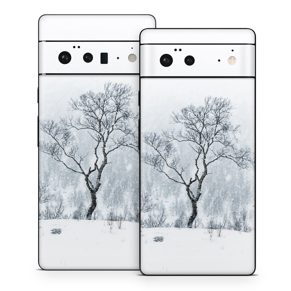 Google Pixel 6 Series Skin design of Snow, Winter, Tree, Nature, White, Sky, Atmospheric phenomenon, Natural landscape, Freezing, Blizzard, with white, gray, black colors